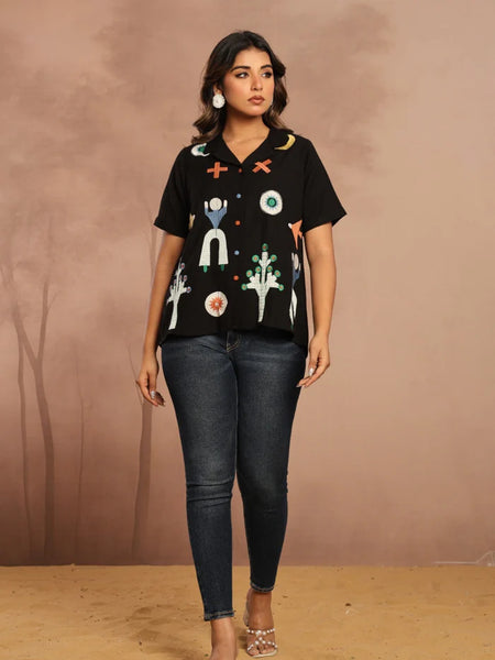 BLACK ABSTRACT PRINTED SHIRT TOP