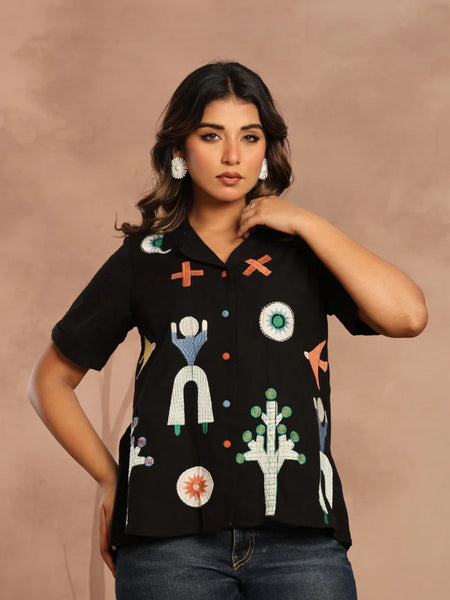 BLACK ABSTRACT PRINTED SHIRT TOP
