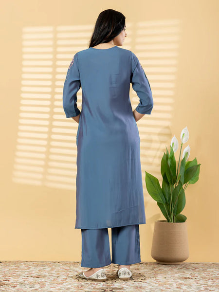 STEEL BLUE FLORAL EMBROIDERED KURTA SET