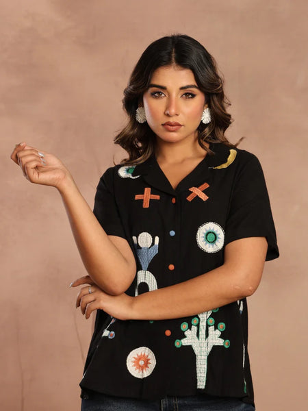BLACK ABSTRACT PRINTED SHIRT TOP