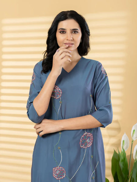 STEEL BLUE FLORAL EMBROIDERED KURTA SET