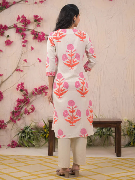 IVORY V-NECK EMBROIDERY COTTON PRINTED KURTA SET