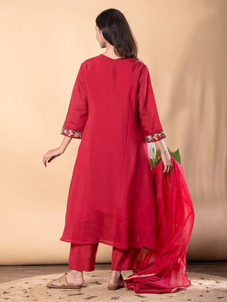 GULNAAR RED FLORAL EMBROIDERED FESTIVE SUIT SET