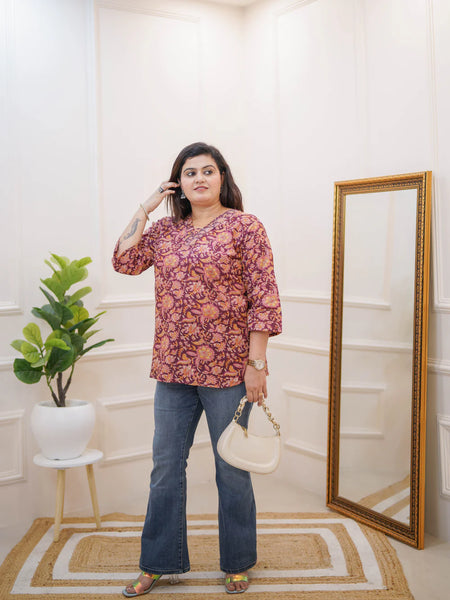WINE FLORAL PRINT CASUAL KURTI
