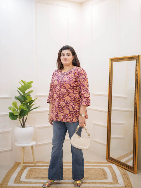 WINE FLORAL PRINT CASUAL KURTI