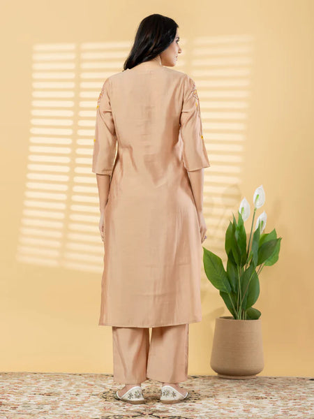 NUDE BEIGE FLORAL EMBROIDERED KURTA SET