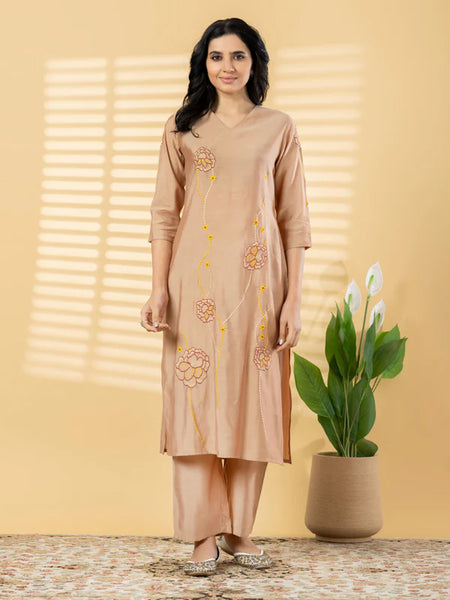 NUDE BEIGE FLORAL EMBROIDERED KURTA SET