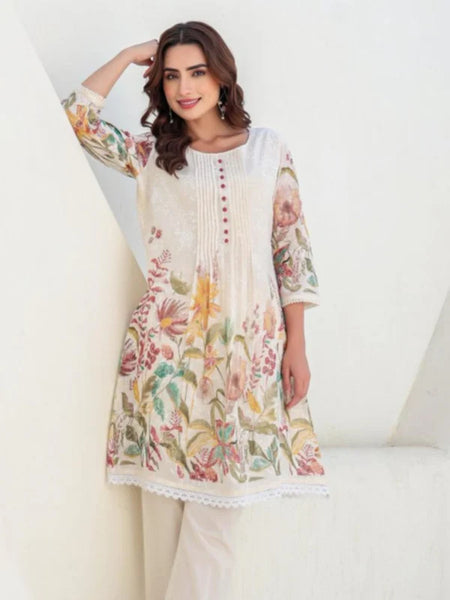 OFF WHITE FLORAL PRINTED A-LINE KURTA SET