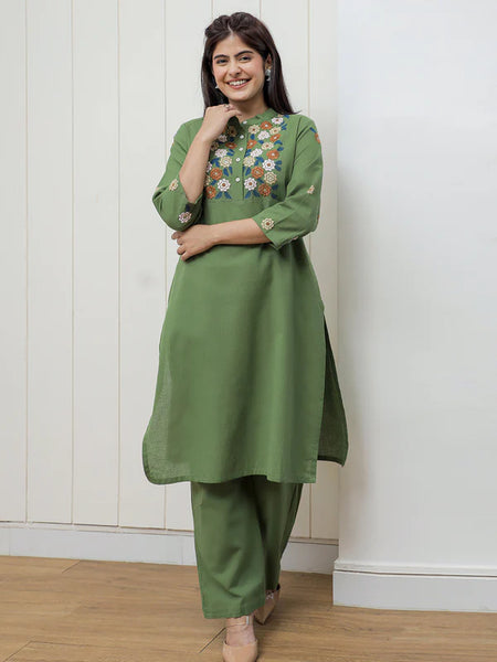 AUGUSTA GREEN EMBEROIDERED KURTA SET