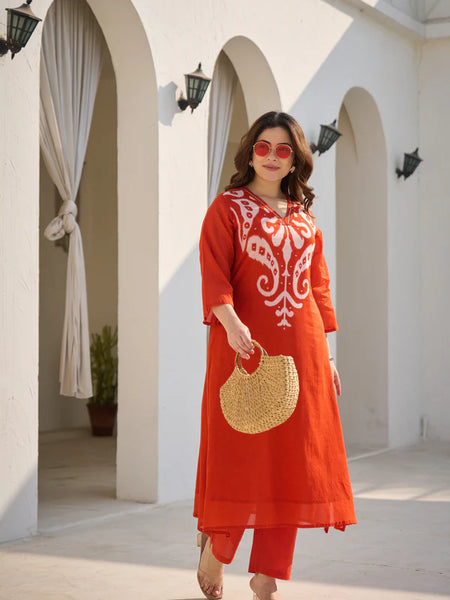 ORANGE IKAT PRINTED A-LINE KURTA SET