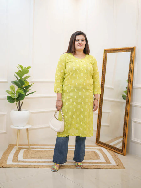 LIME YELLOW PRINTED STRAIGHT KURTI