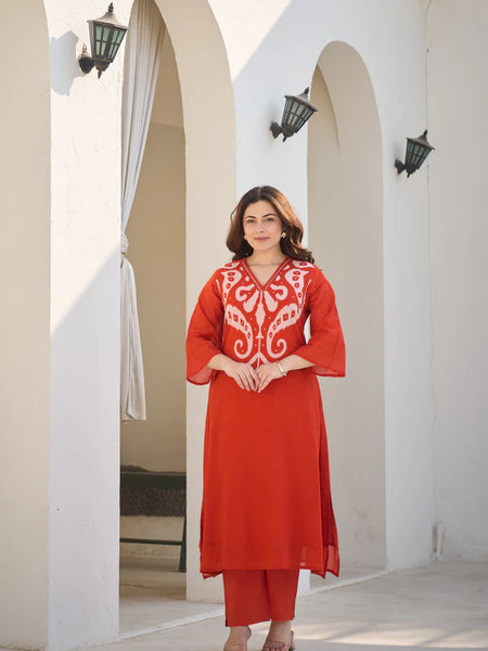 ORANGE IKAT PRINTED A-LINE KURTA SET