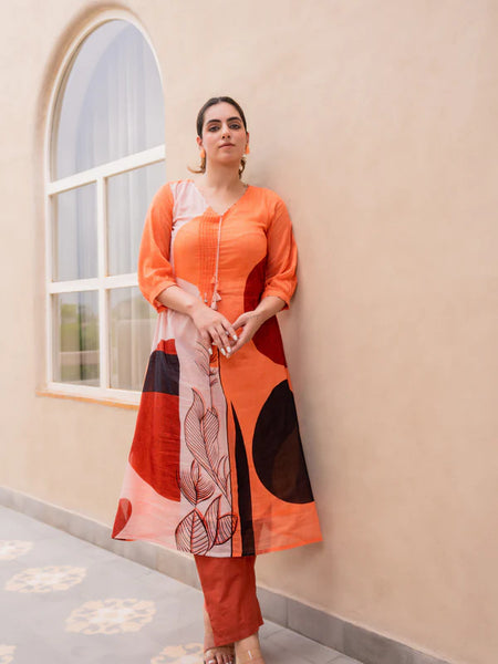 ORANGE ABSTRACT PRINTED A-LINE KURTA SET