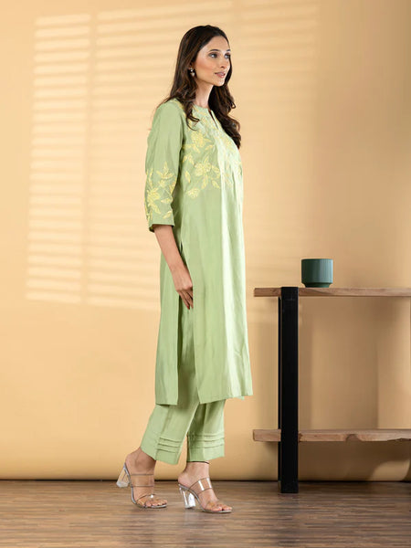 SAGE GREEN FLORAL EMBROIDERED KURTA SET