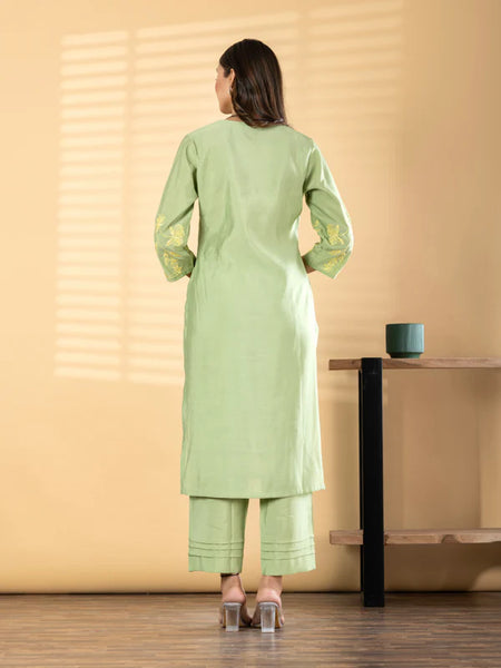 SAGE GREEN FLORAL EMBROIDERED KURTA SET