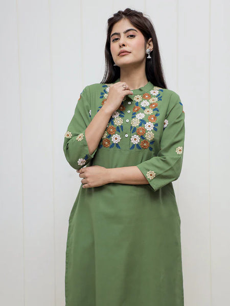AUGUSTA GREEN EMBEROIDERED KURTA SET
