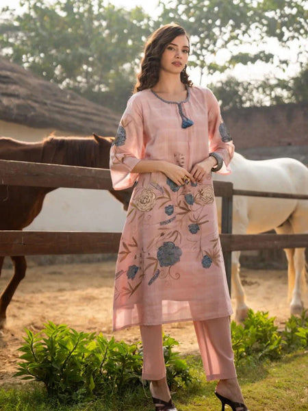 BLUSH PINK FLORAL EMBROIDERED KURTA SET