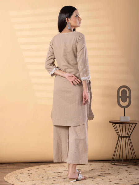 BEIGE WHITE FLORAL EMBROIDERED KURTA SET
