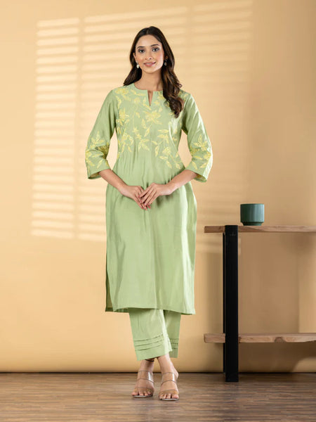 SAGE GREEN FLORAL EMBROIDERED KURTA SET