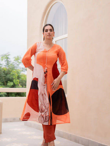 ORANGE ABSTRACT PRINTED A-LINE KURTA SET