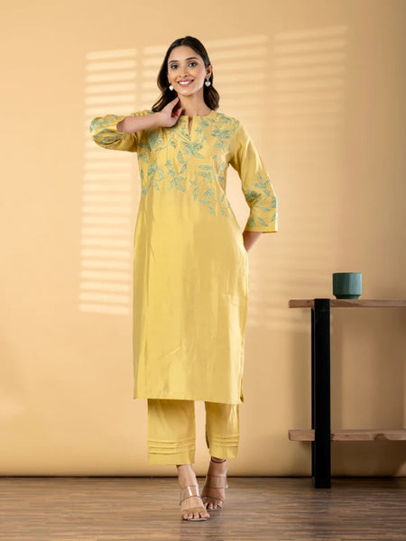 PASTEL YELLOW FLORAL EMBROIDERED KURTA SET