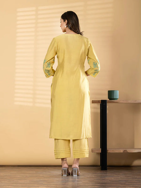 PASTEL YELLOW FLORAL EMBROIDERED KURTA SET