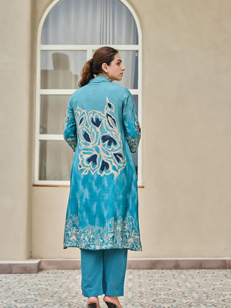 TEAL BLUE ABSTRACT THREAD WORK A-LINE KURTA SET