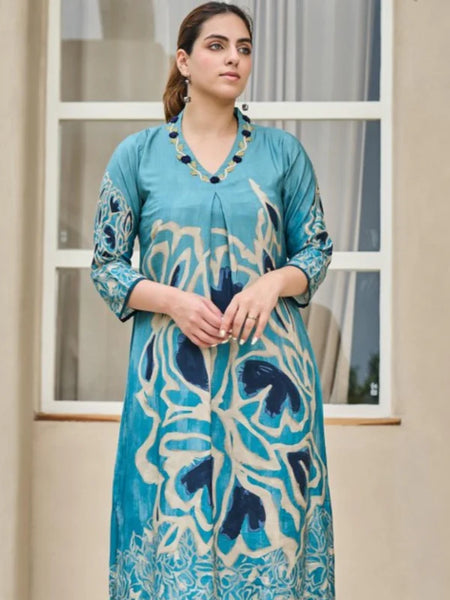 TEAL BLUE ABSTRACT THREAD WORK A-LINE KURTA SET