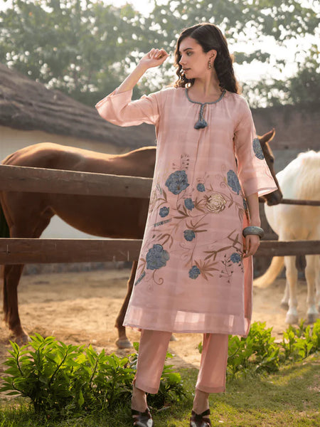 BLUSH PINK FLORAL EMBROIDERED KURTA SET