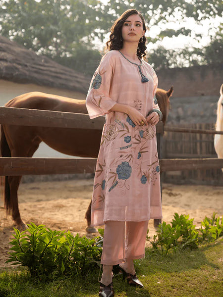 BLUSH PINK FLORAL EMBROIDERED KURTA SET