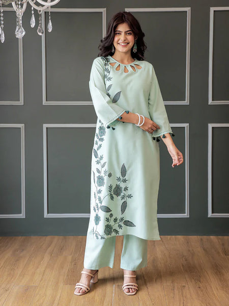 SAKHI OLIVE GREEN FLORAL EMBROIDERED KURTA SET