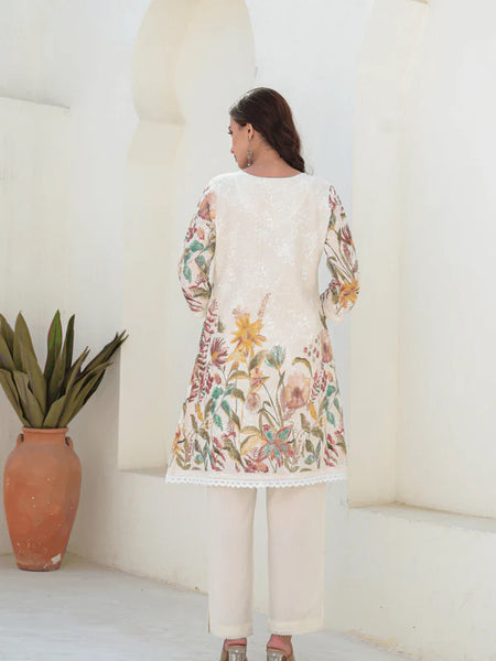 OFF WHITE FLORAL PRINTED A-LINE KURTA SET