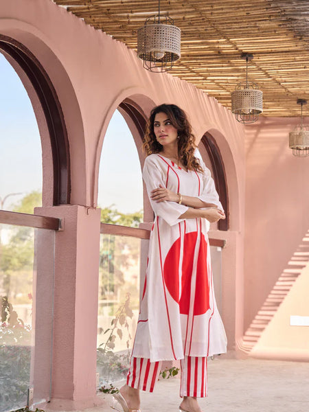 OFF WHITE & RED ABSTRACT PRINTED KURTA SET