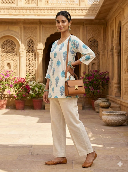 IVORY BLUE FLORAL EMBROIDERED KURT