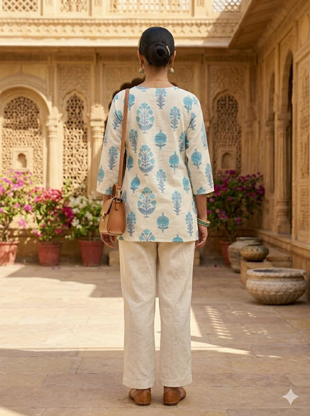 IVORY BLUE FLORAL EMBROIDERED KURT