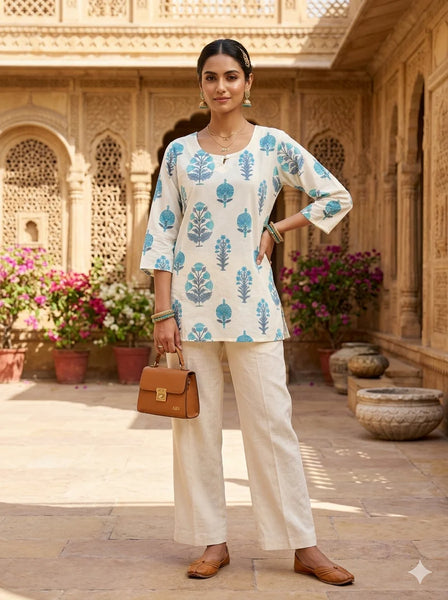IVORY BLUE FLORAL EMBROIDERED KURT
