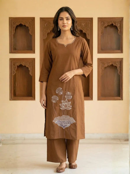 BROWN LOTUS EMBROIDERED STRAIGHT KURTA SET