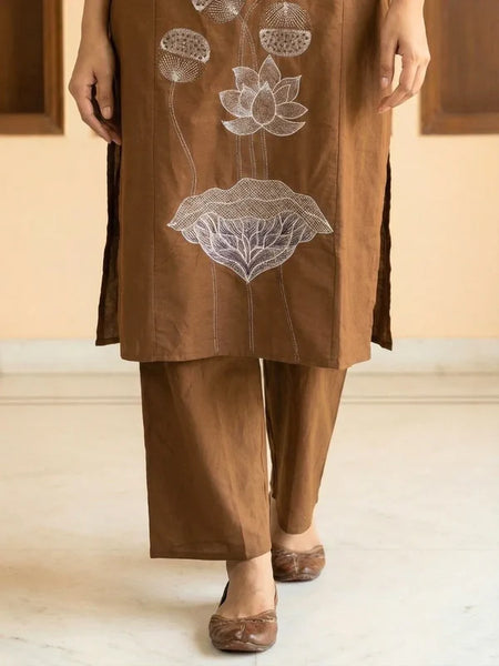 BROWN LOTUS EMBROIDERED STRAIGHT KURTA SET