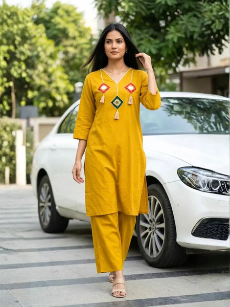 MUSTARD EMBROIDERED STRAIGHT KURTA SET