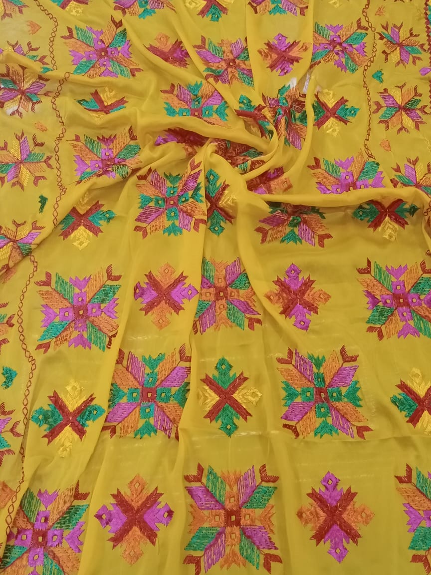 Yellow Flower color Heavy Phulkari Dupatta
