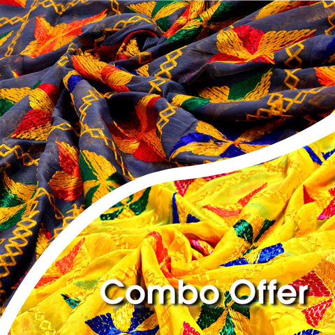 Yellow & Grey Color Phulkari Dupatta